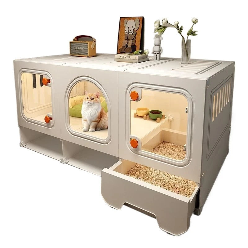 Large Cat House Transparent Drawer Cat Houses Habitats Partition Pet Cats Kitten Cage with Storage Room Kittens Enclosure Cages - Curl and Collar