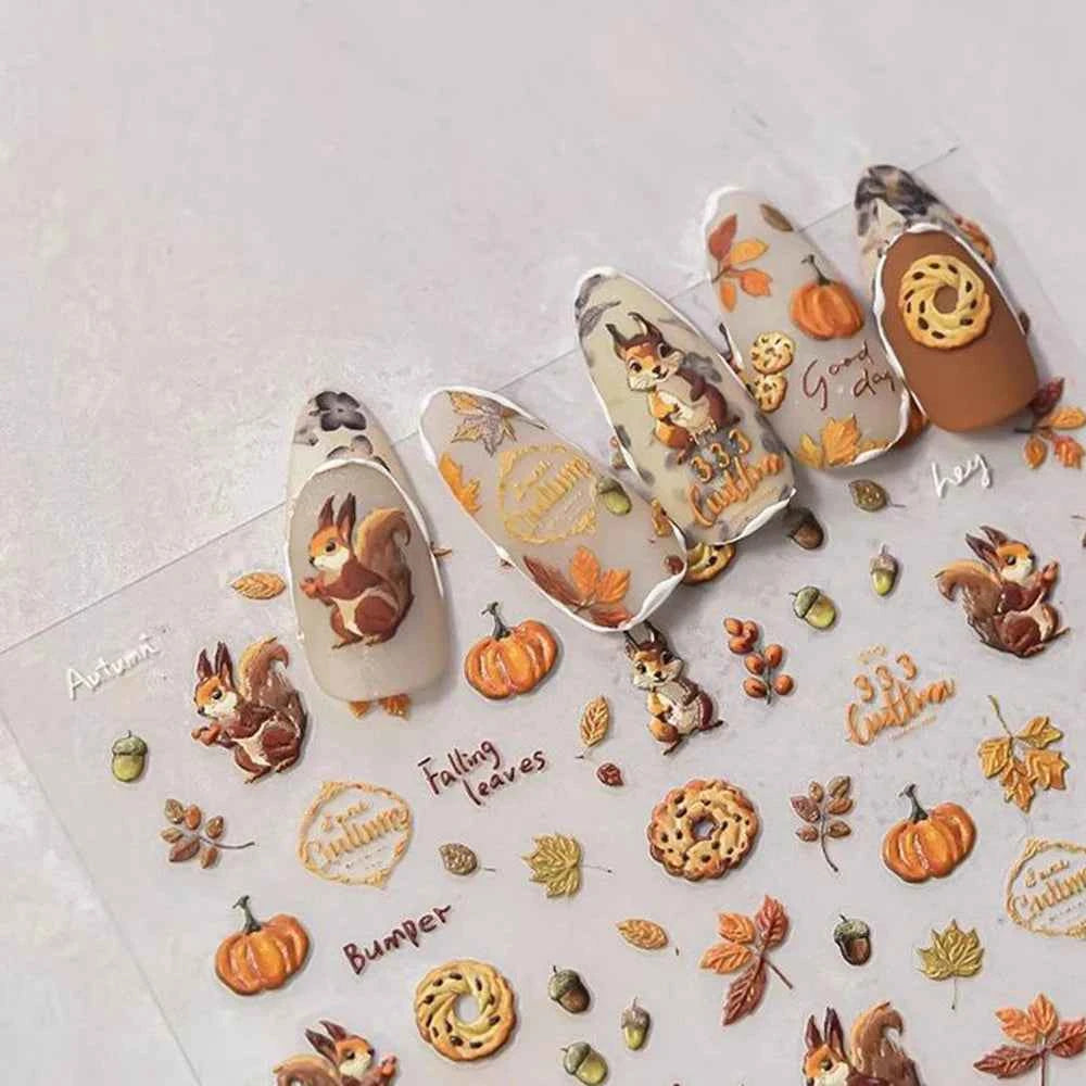 Fall Nail Art Stickers 5D Embossed Cute Decals Autumn Squirrel Pine Cones Fallen Leaves Design Self-Adhesive Manicure Stickers