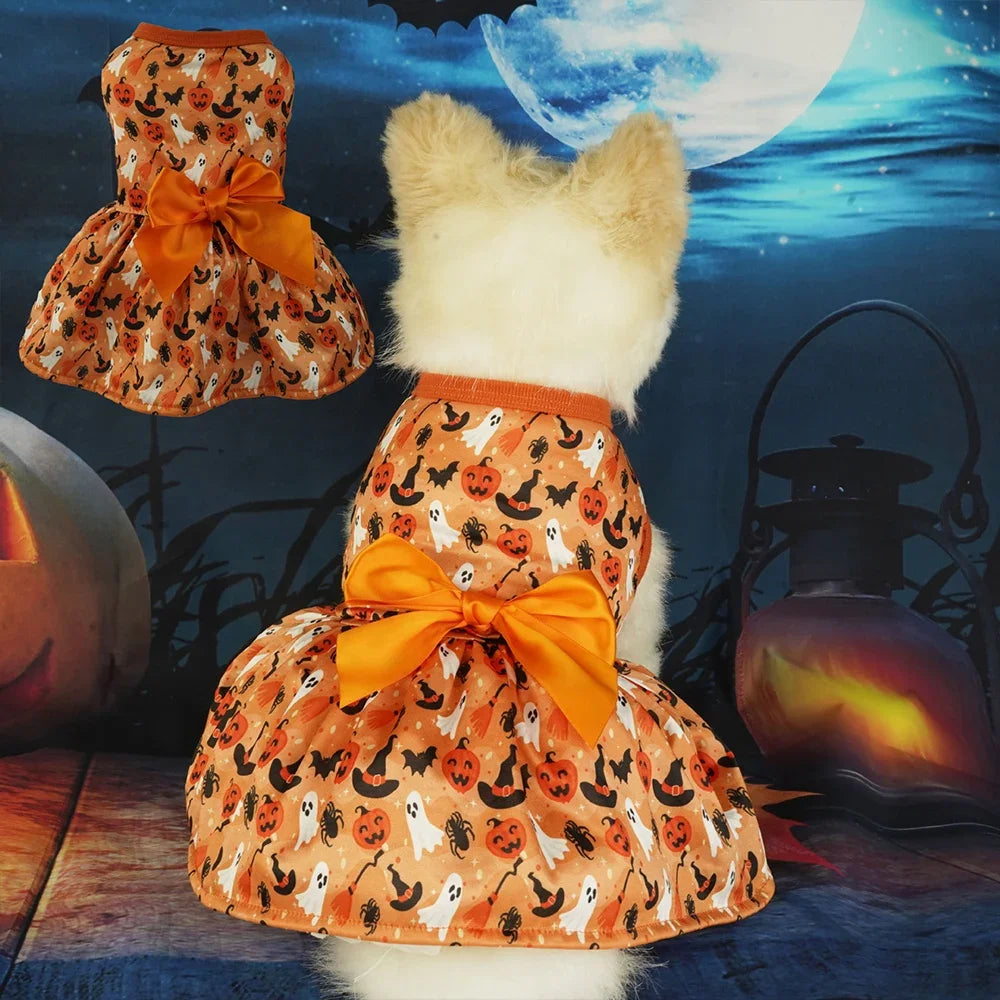 Halloween Dog Clothes Dresses For Dogs Bowknot Pumpkin Bat Print Puppy Dress Summer Sleeveless Party Dress Costume for halloween - Curl and Collar
