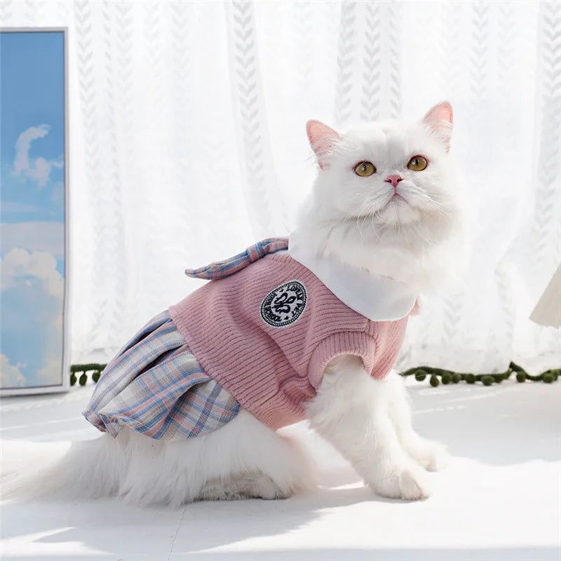 College Style Dog Dress for Small Dogs, Plaid Skirt, Pink,Blue,Green, Spring Dog Clothes, Cat, Chihuahua, XL - Curl and Collar