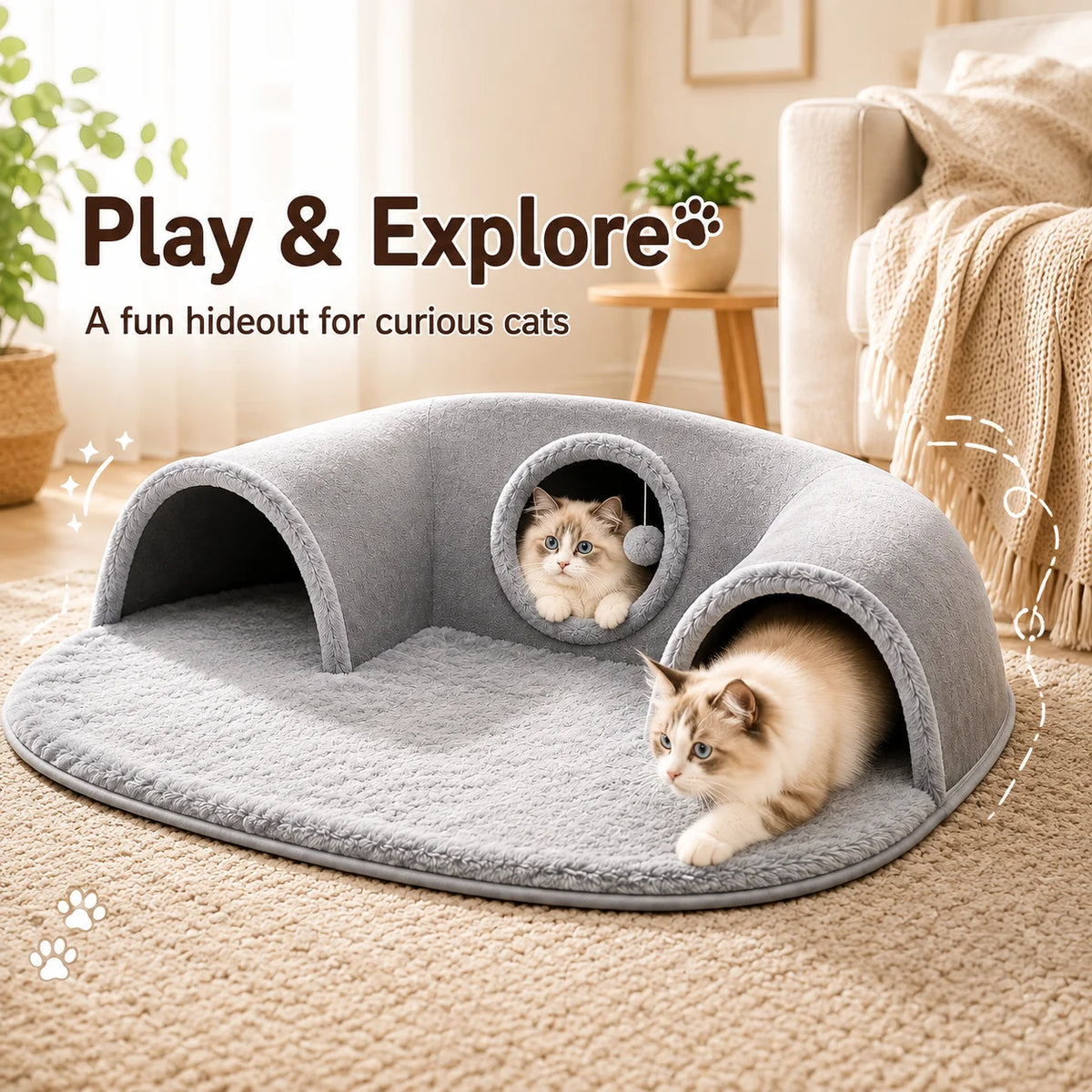 Multifunctional U-shaped Cat Tunnel Bed—A Detachable, Washable Plush Tunnel Bed That Combines Play and Rest; Suitable for Home, Indoor, and balcony Use. - Curl and Collar