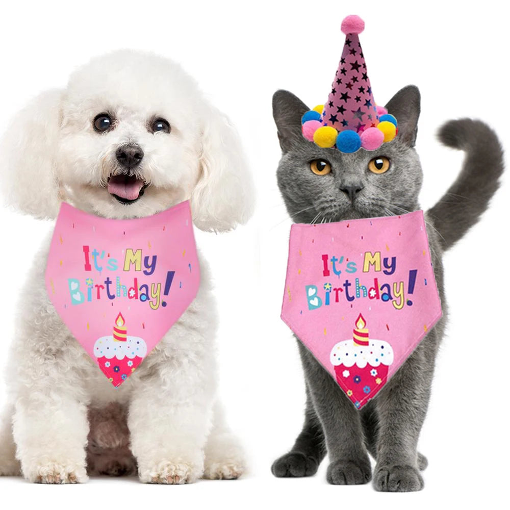 Cute Pet Birthday Caps/Bibs Design Headwear Triangle Scarf Hat Tie Collar Cat Dog Costume Pets Accessories Decoration Supplies - Curl and Collar