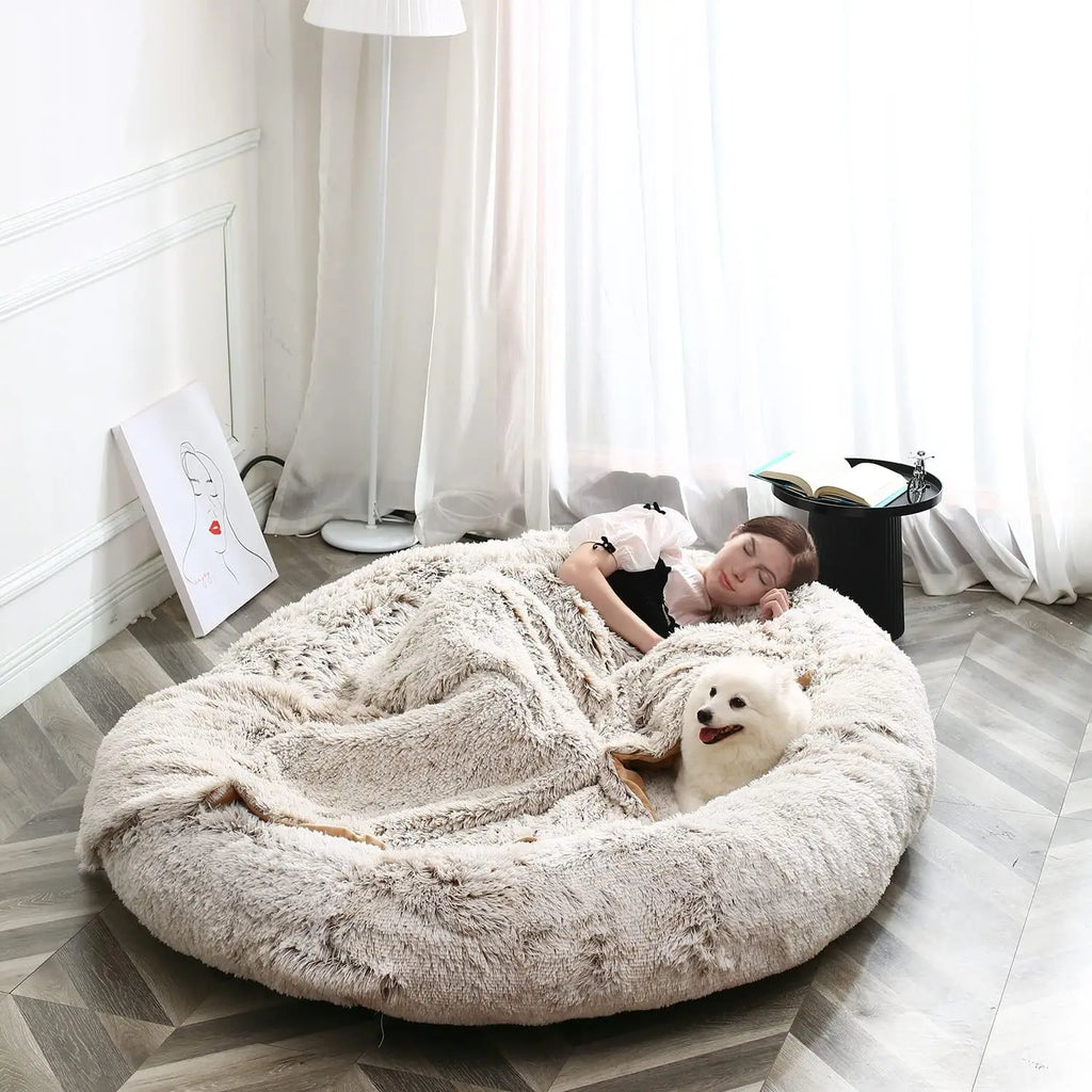 Human Dog Bed, Washable Faux Fur Dog Bed for People Doze Off, Napping Orthopedic Dog Bed, 71''x45''x14'' Size Fits You and Pets - Curl and Collar