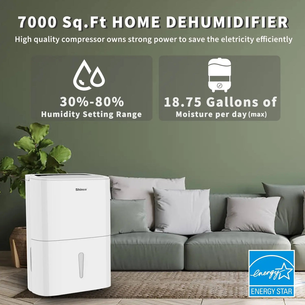 Shinco 150 Pints Energy Star Dehumidifier for Large Spaces up to 7,000 Sq.Ft Built-in Pump, 1.85 Gallon Water Tank - Curl and Collar