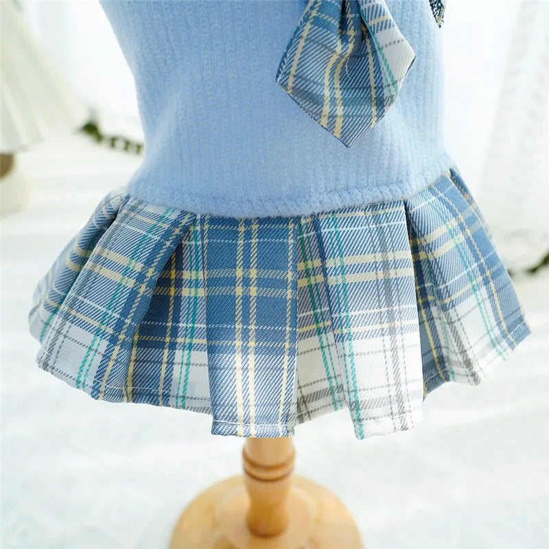 College Style Dog Dress for Small Dogs, Plaid Skirt, Pink,Blue,Green, Spring Dog Clothes, Cat, Chihuahua, XL - Curl and Collar