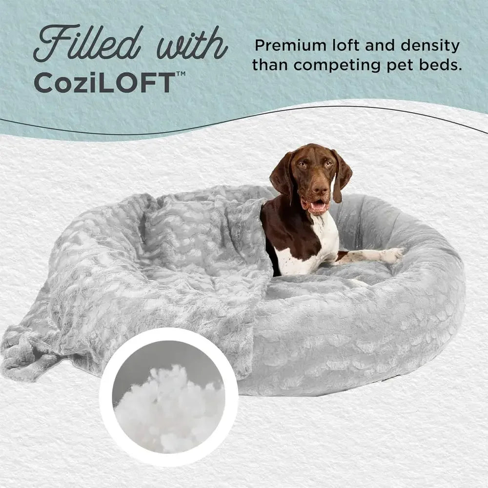 Luxury Calming Donut Cuddler Pet Bed with Throw Blanket, Gray, Large, 36x36 - Curl and Collar