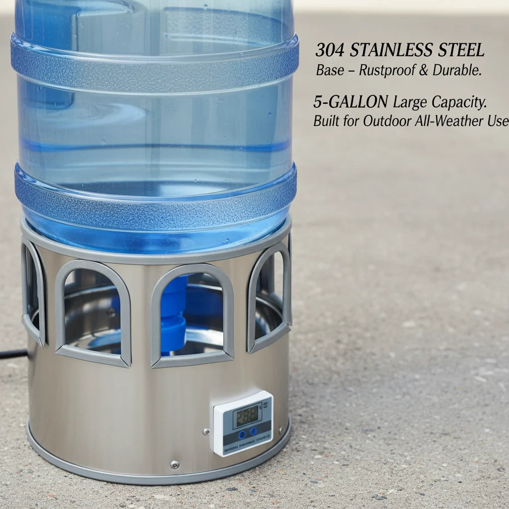 Stainless Steel Heated Chicken Waterer 5 Gal, 80W Auto Thermostat Water Heater for Poultry, Adjustable Temp 32-122°F with LED Display & 9 Windows, Anti-Freeze for Winter, Silver-Blue - Curl and Collar