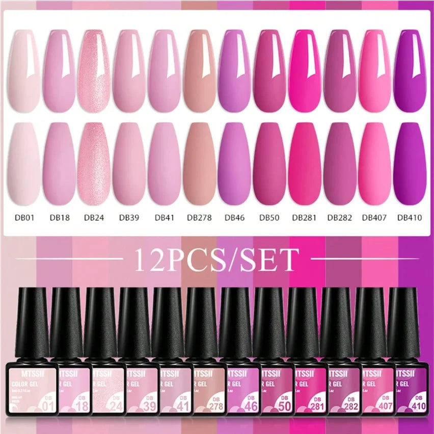 MTSSII 12pcs Gel Nail Polish Set Nude Pink Red Glitter Semi Permanent Soak Off UV Gel Varnish Manicure Kit Nail Supplies DIY - Curl and Collar