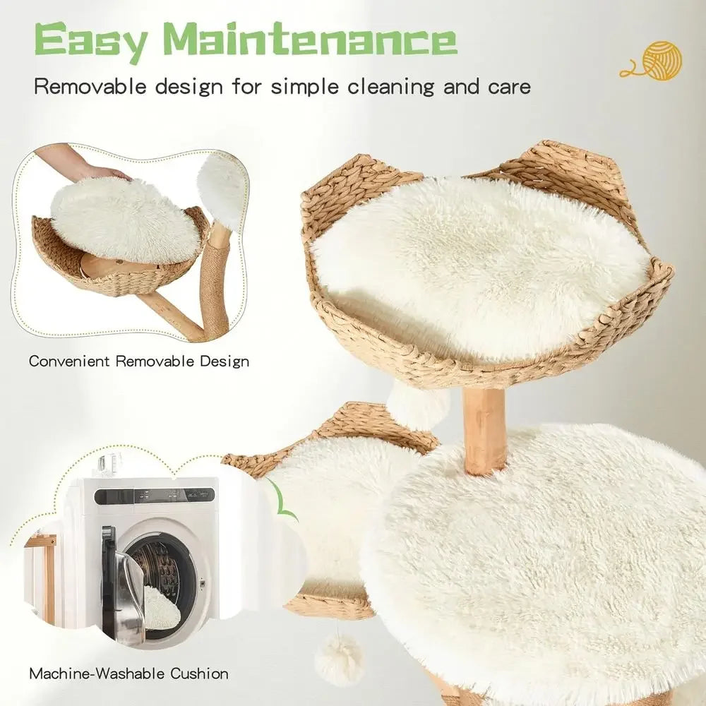 54 Natural Wood Cat Tree with Woven Basket Beds and Scratching Post, Bohemian Style Cat Tower, White - Curl and Collar
