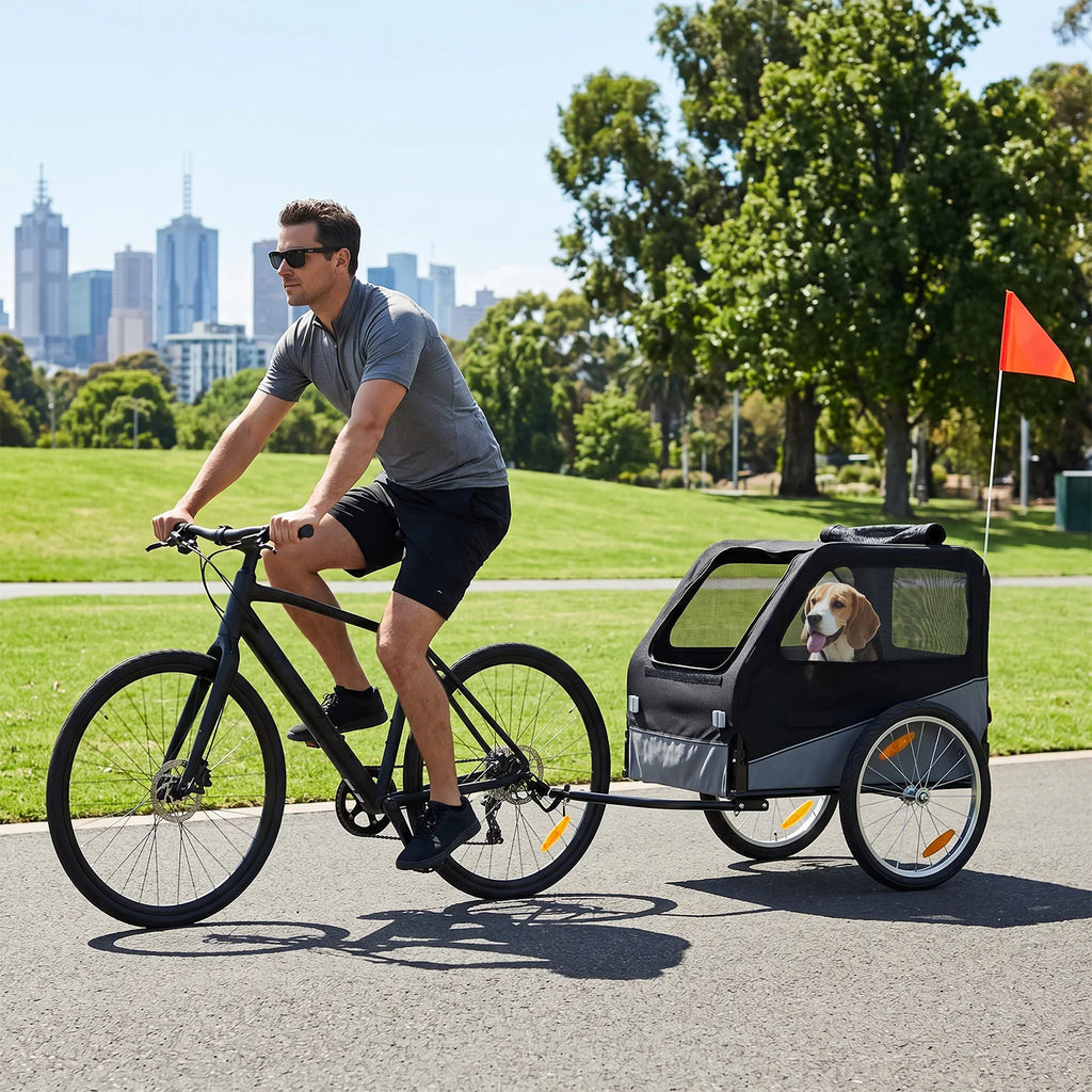 Foldable Dog Bike Trailer, Heavy Duty Steel Frame Pet Bike Carrier, 100 LBS Capacity Oxford Fabric Dog Carrier Bicycle Trailer with Mesh Window Reflectors for Medium Large Dogs & Cats, Black - Curl and Collar