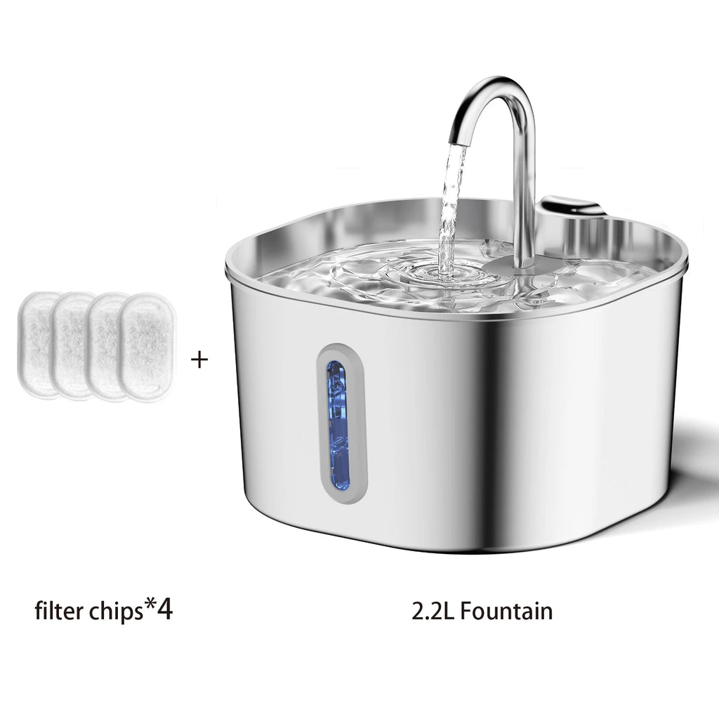 ZYFeeder 2.2L Automatic Cat Water Fountain Square Stainless Steel Pet Water Feeder Dog Water Fountain with window（No 5V 1A Plug） - Curl and Collar