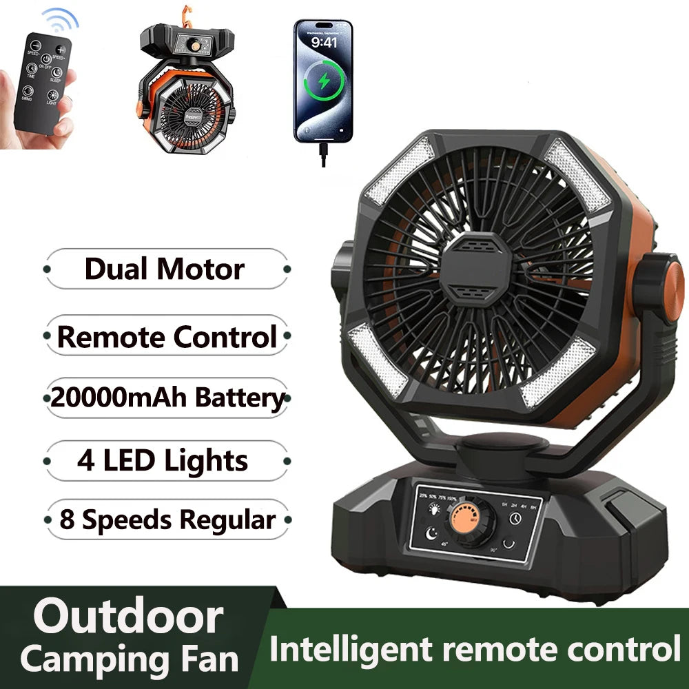 20000mAh Battery Camping Fan with 4 LED Lantern 8 Speeds Desk Fan Portable Outdoor Fan for Outdoor Camping Tent and Fishing - Curl and Collar