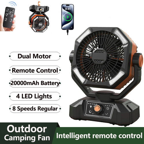 20000mAh Battery Camping Fan with 4 LED Lantern 8 Speeds Desk Fan Portable Outdoor Fan for Outdoor Camping Tent and Fishing - Curl and Collar