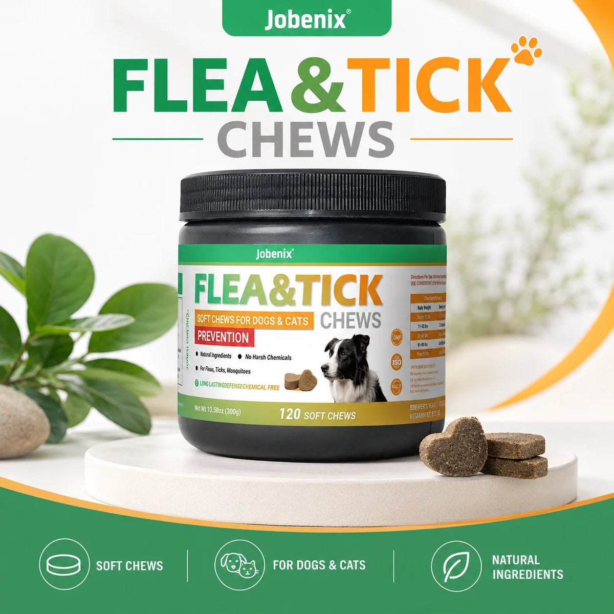 Flea & Tick Soft Chews for Dogs and Cats Skin & Coat Health Support Pet Nutritional Supplement 120 Chews - Curl and Collar