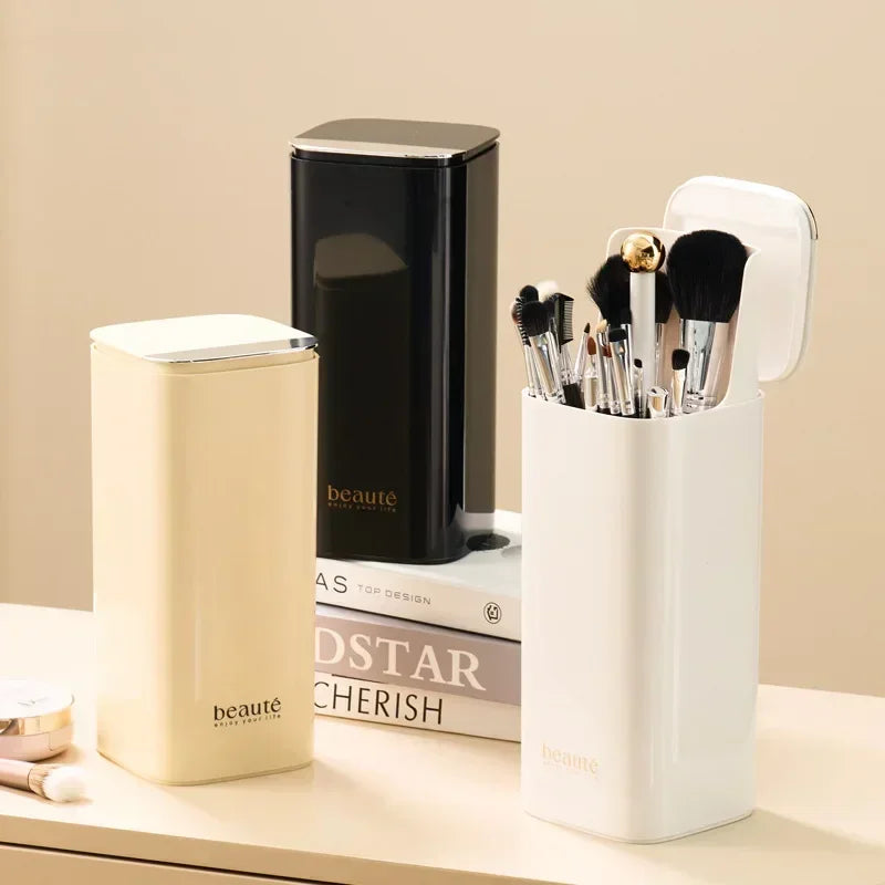 Automatic Dustproof Lifting Makeup Brushes Holder Makeup Brush Holder Desktop Makeup Tools Lipstick Eyebrow Pen Holder Container - Curl and Collar