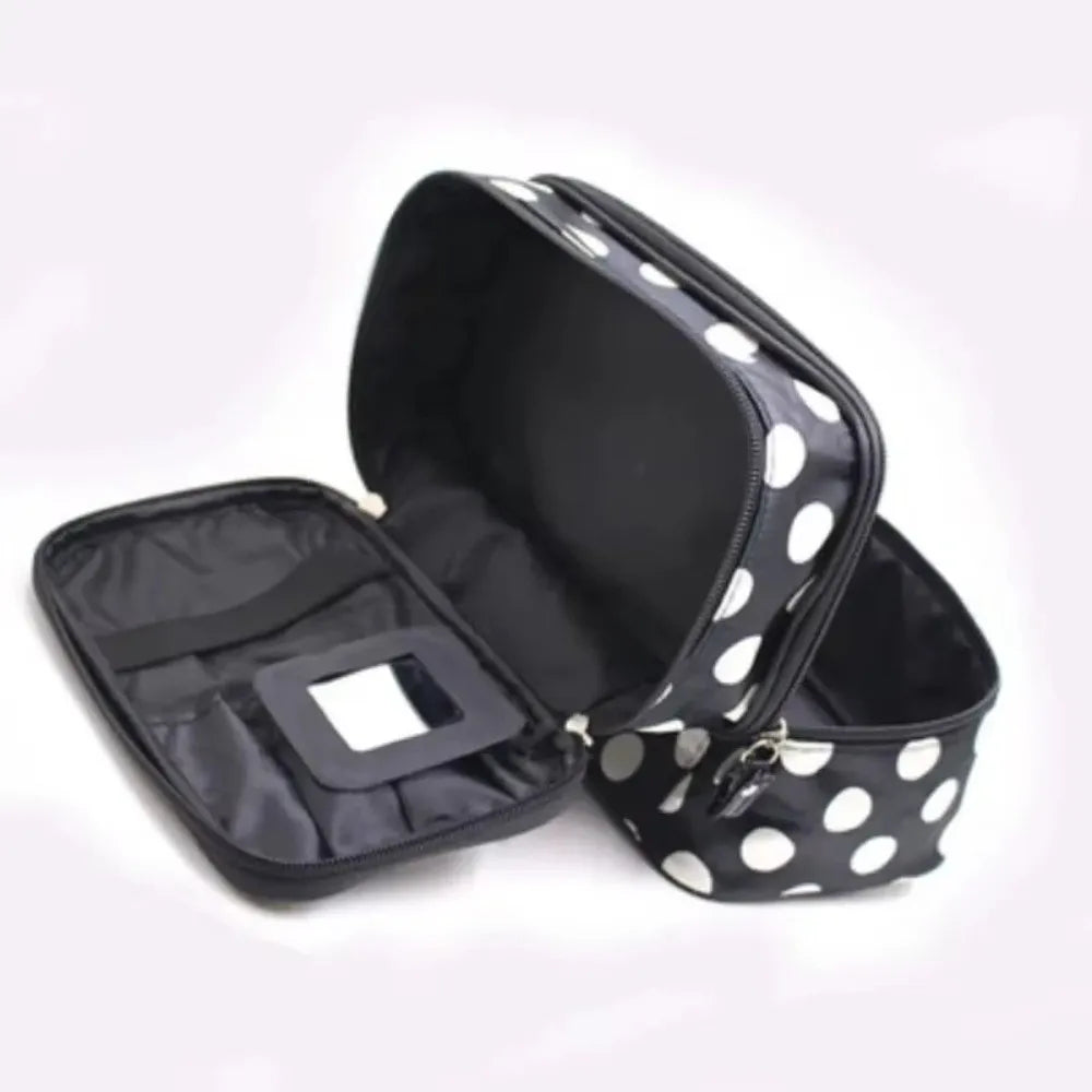 Fashion Double-layer Makeup Bag Polka Dots Portable Toiletry Bag Large Capacity Travel Makeup Case - Curl and Collar