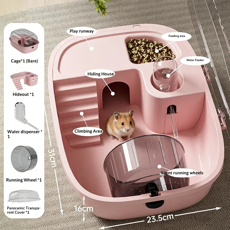 Full View Acrylic Hamster Villa Multi-Function Hamster Cage with Feeding Area Water Dispenser Hideout for Pets Gerbils Mice - Curl and Collar