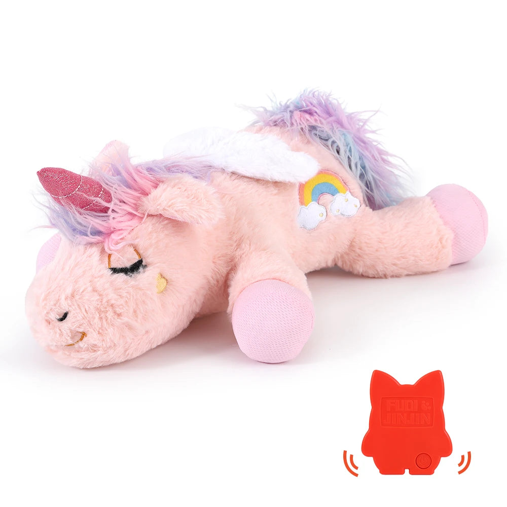 Dog Heartbeat Toy for Puppy Anxiety Relief, 15 Inch Plush Unicorn Calming Toy, Comfort Sleep Pillow with Heartbeat - Curl and Collar