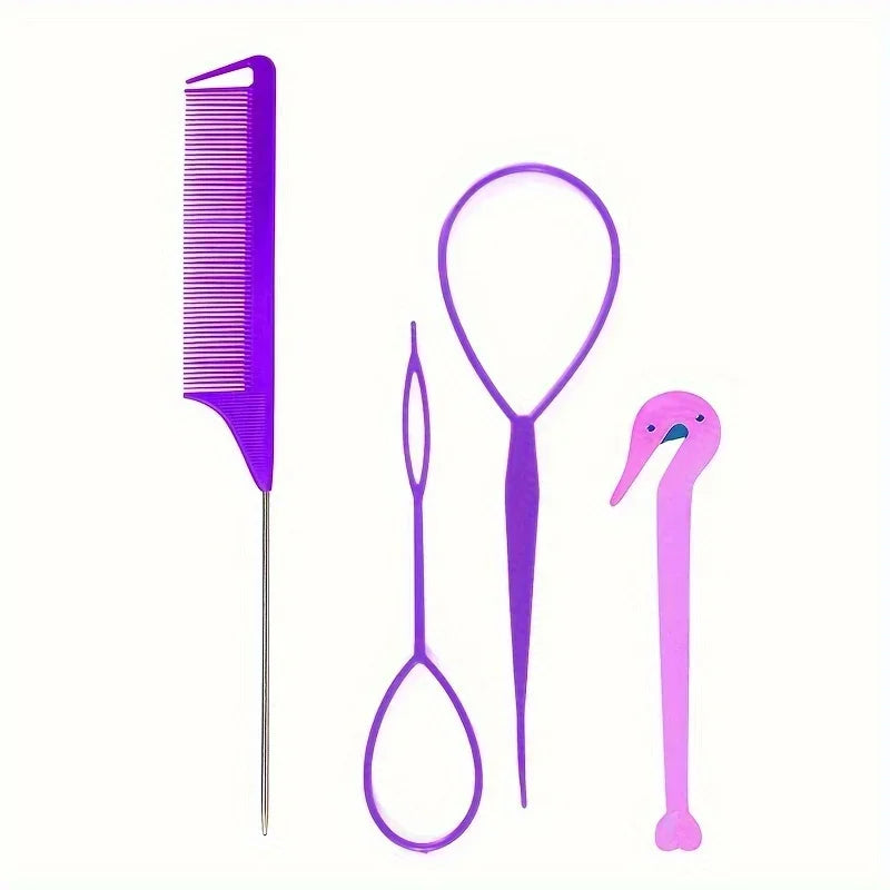 4-piece WANMEI Headband Tool, Hair Braiding Tool with Mouse Tail Comb, Ponytail Headband Remover, Quick Styling Hair Accessory - Curl and Collar