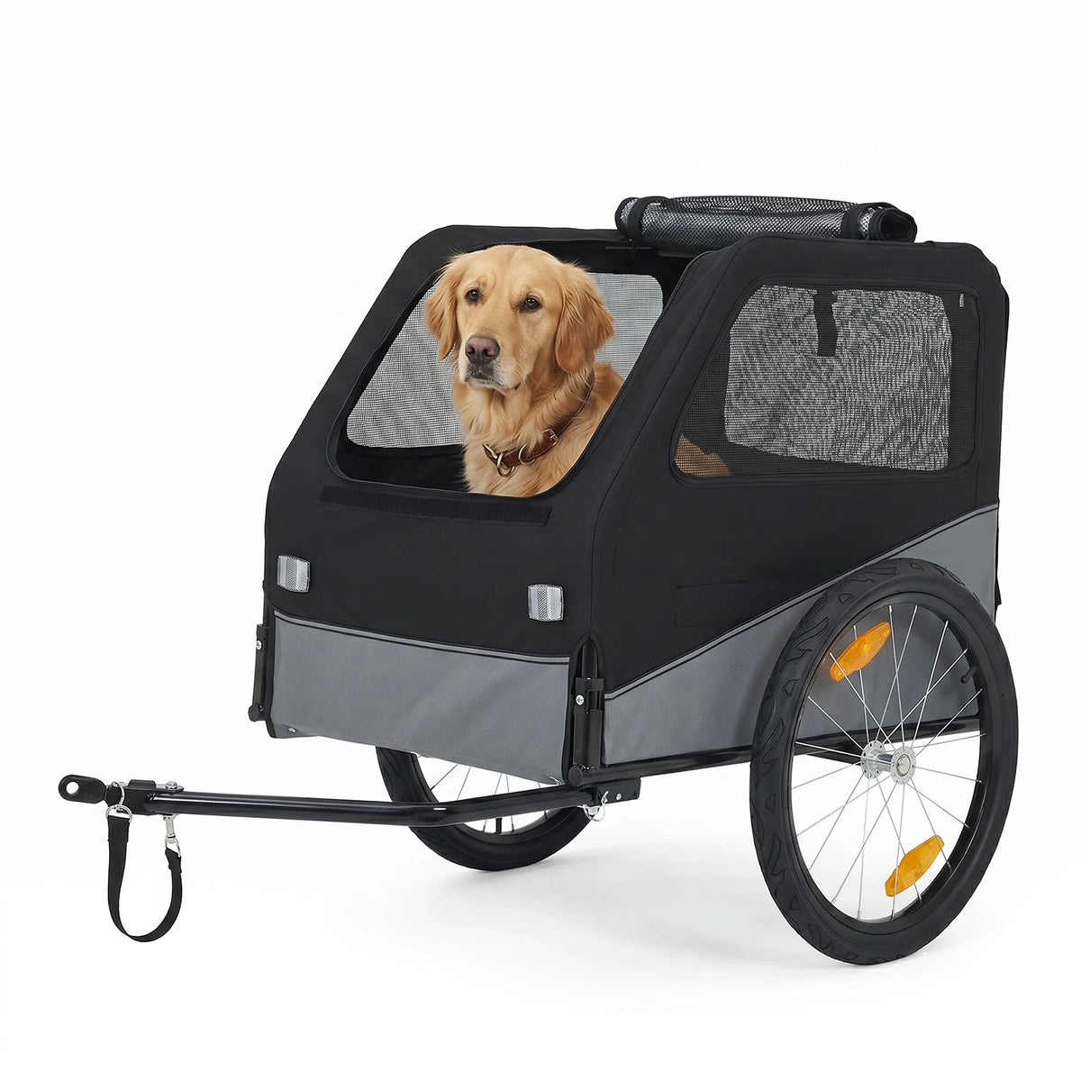 Foldable Dog Bike Trailer, Heavy Duty Steel Frame Pet Bike Carrier, 100 LBS Capacity Oxford Fabric Dog Carrier Bicycle Trailer with Mesh Window Reflectors for Medium Large Dogs & Cats, Black - Curl and Collar