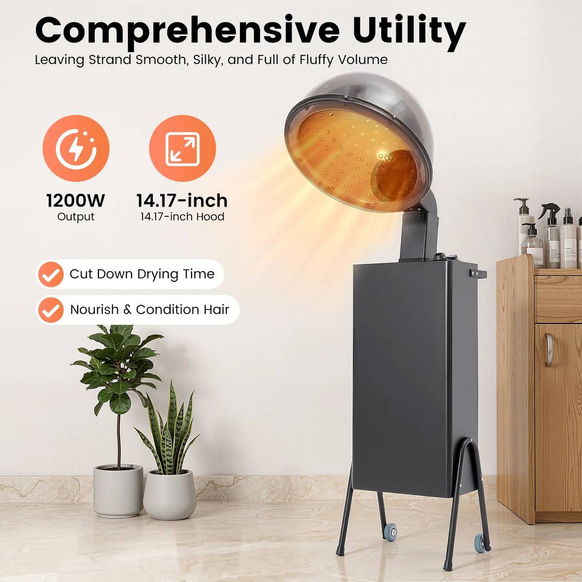 1200W Freestanding Salon Hair Dryer Accelerator 110V US Plug 3 Temp 60min Timer Overheat Protection Rolling Wheel 85° Adjustable Hood - Curl and Collar