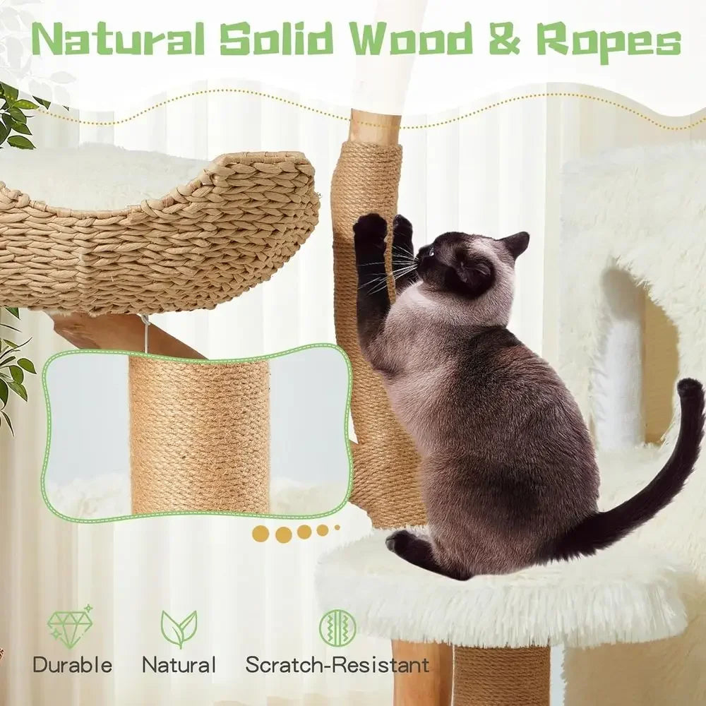 54 Natural Wood Cat Tree with Woven Basket Beds and Scratching Post, Bohemian Style Cat Tower, White - Curl and Collar