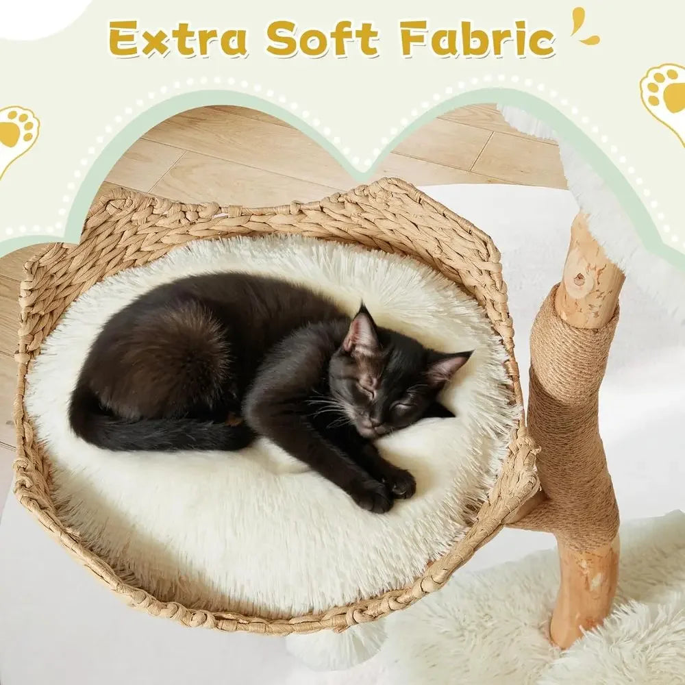 54 Natural Wood Cat Tree with Woven Basket Beds and Scratching Post, Bohemian Style Cat Tower, White - Curl and Collar