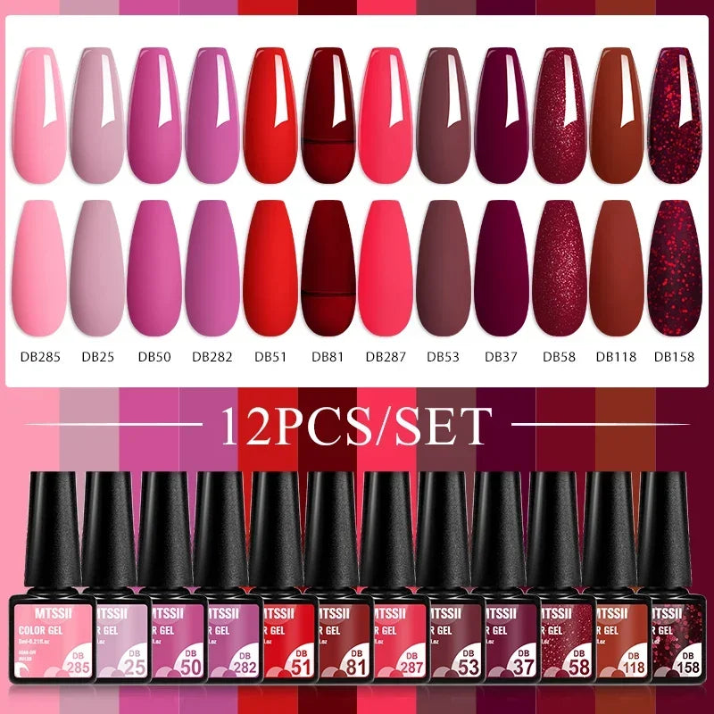 MTSSII 12pcs Gel Nail Polish Set Nude Pink Red Glitter Semi Permanent Soak Off UV Gel Varnish Manicure Kit Nail Supplies DIY - Curl and Collar