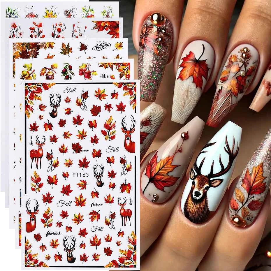 8pcs Autumn Winter Maple Leaf Nail Stickers Pumpkin Elk Mushroom Flower Self-Adhesive Nail Decal Thanksgiving DIY Manicure Decor