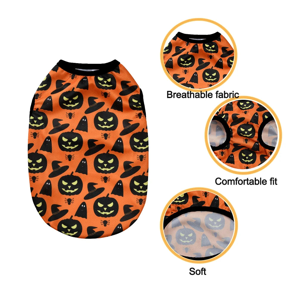 Halloween Pet Vest for Small Medium Dogs Cats Autumn Winter Costume Pumpkin Print Cosplay Outfit Chihuahua Pug French Bulldog - Curl and Collar