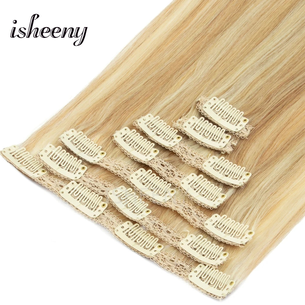 12"-20" Clip In Human Hair Extensions Blonde Natural Brazilian Remy Natural Clip Human Hair Extension Real Clip On 7pcs/set - Curl and Collar