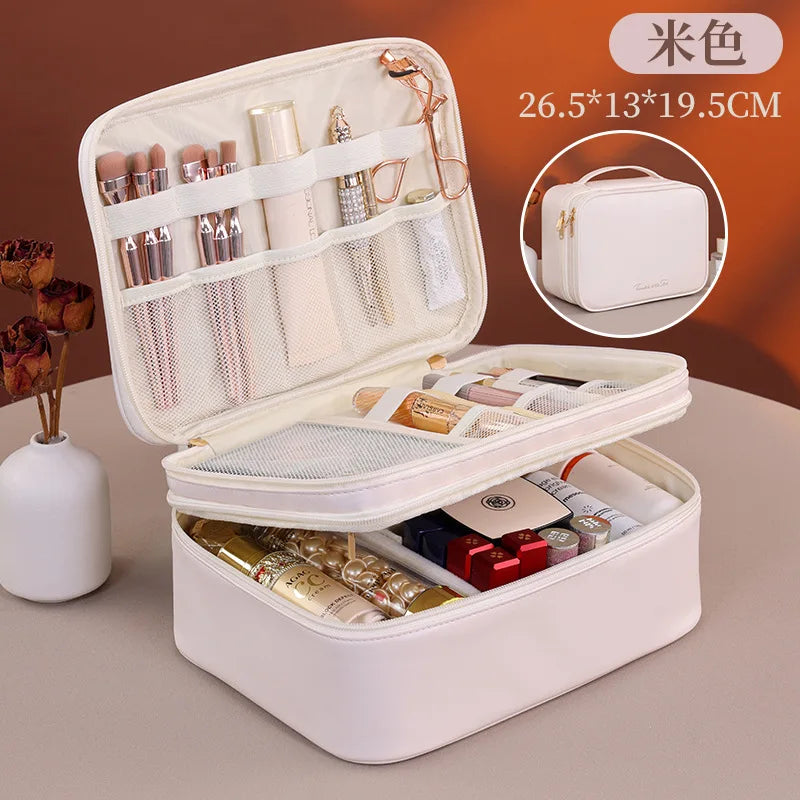 Multiple Compartments Large Capacity Cosmetic Organizer Case Portable Travel Toiletry Bag Double Layer Detachable Makeup Bag - Curl and Collar