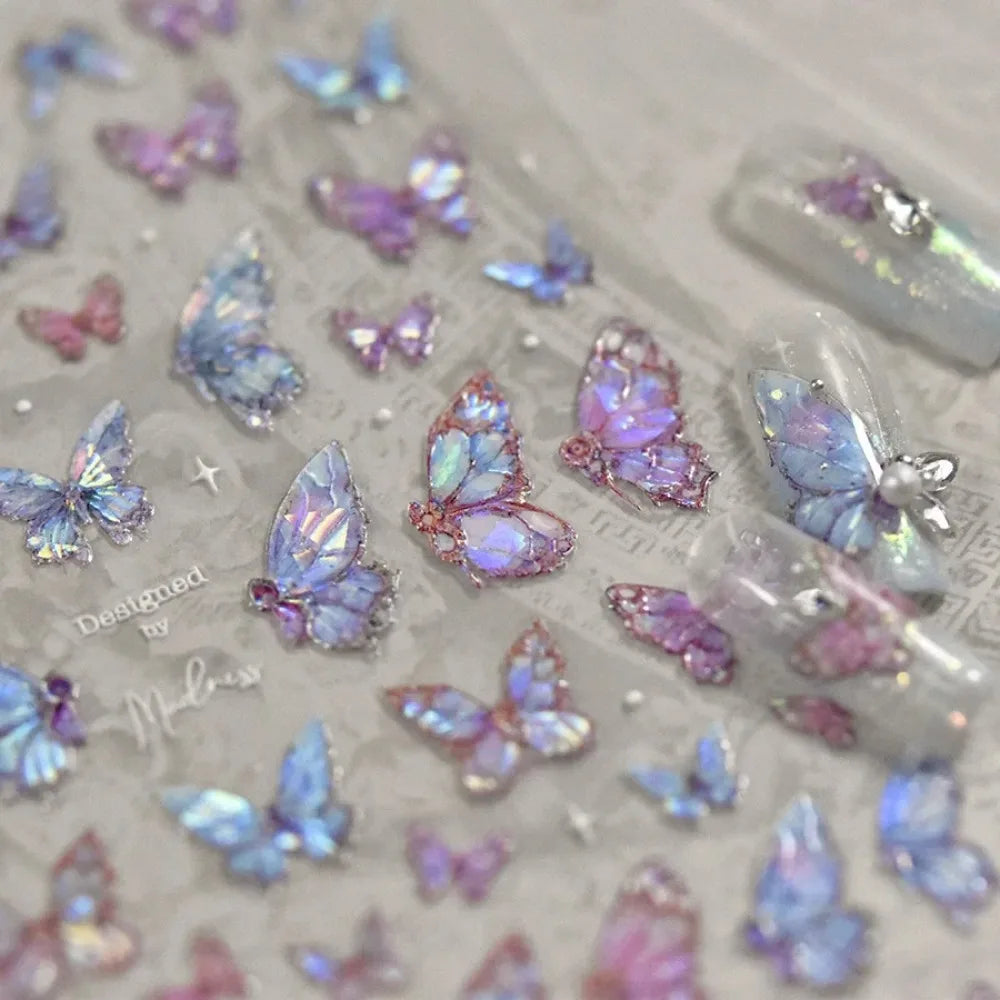 1pcs 5D Luxury Kawaii Butterfly Nail Stickers Japanese Glitter Shell Aurora Nail Art Decorations Decals DIY Manicure Slider Foil - Curl and Collar