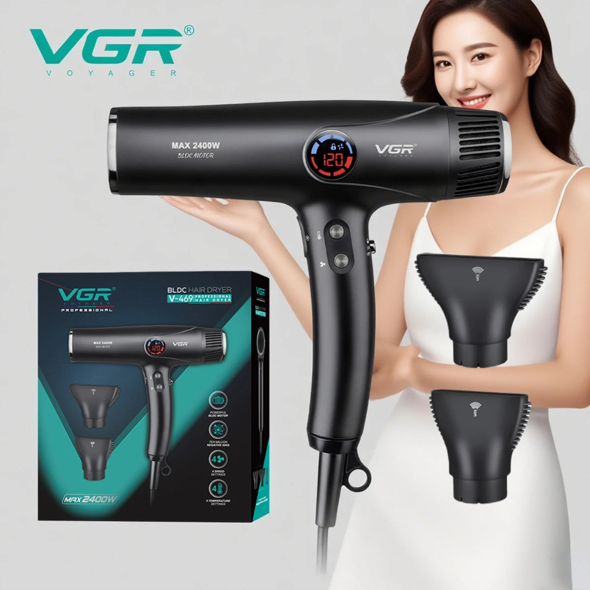 VGR Hair Dryer Professional Hair Dryer Machine Negative Ion Hair Dryers BLDC Motor 110000 RPM Hair Salon for Household Use V-469 - Curl and Collar