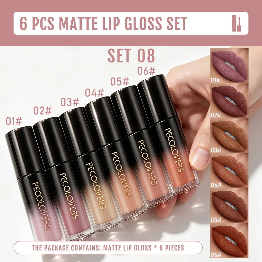 6PCS/SET Cream Matte Lip Tint Stick,Even Color Layering,Comfortable All-day Wear,Classic Neutral Lip Shades,Soft Fluffy Applicator Head,Compact Carry Lip Gloss Set,Suitable For Daily Travel And Everyday Female Makeup - Curl and Collar