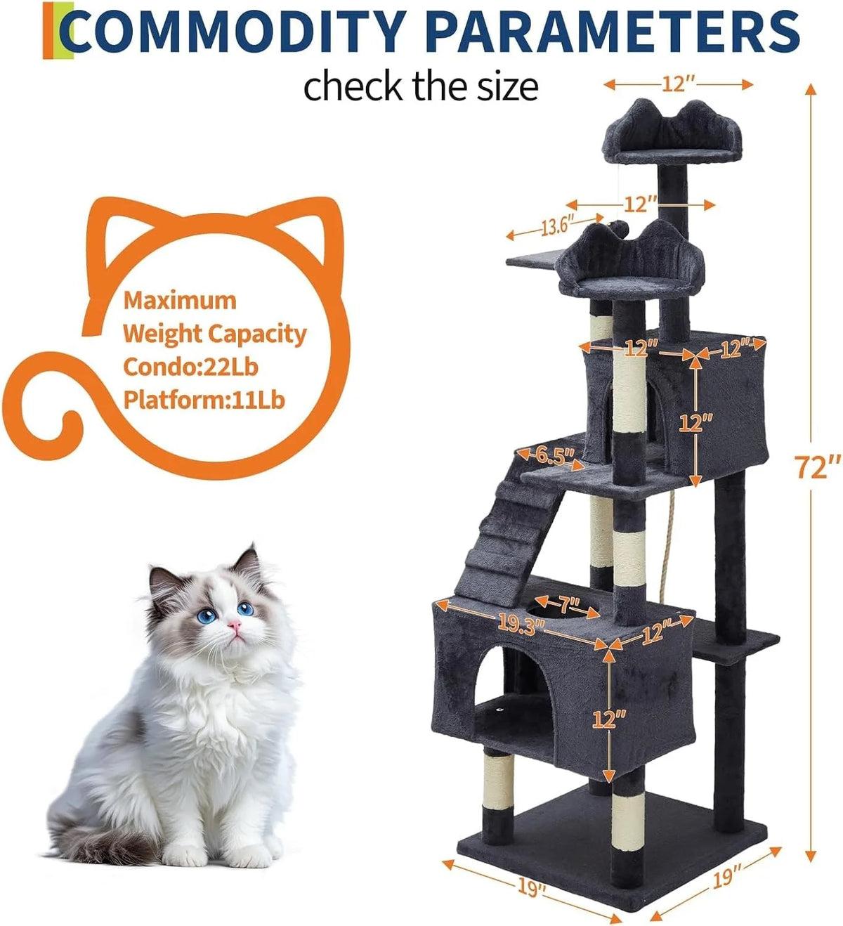72" Cat Tree for Large Cats, Multi-Level Cat Tower with 6 Sisal Scratching Posts, 2 Condos, 3 Perches, Hammock & Dangling Toys, Sturdy Particle Board with Anti-Tip Kit, Dark Grey - Curl and Collar