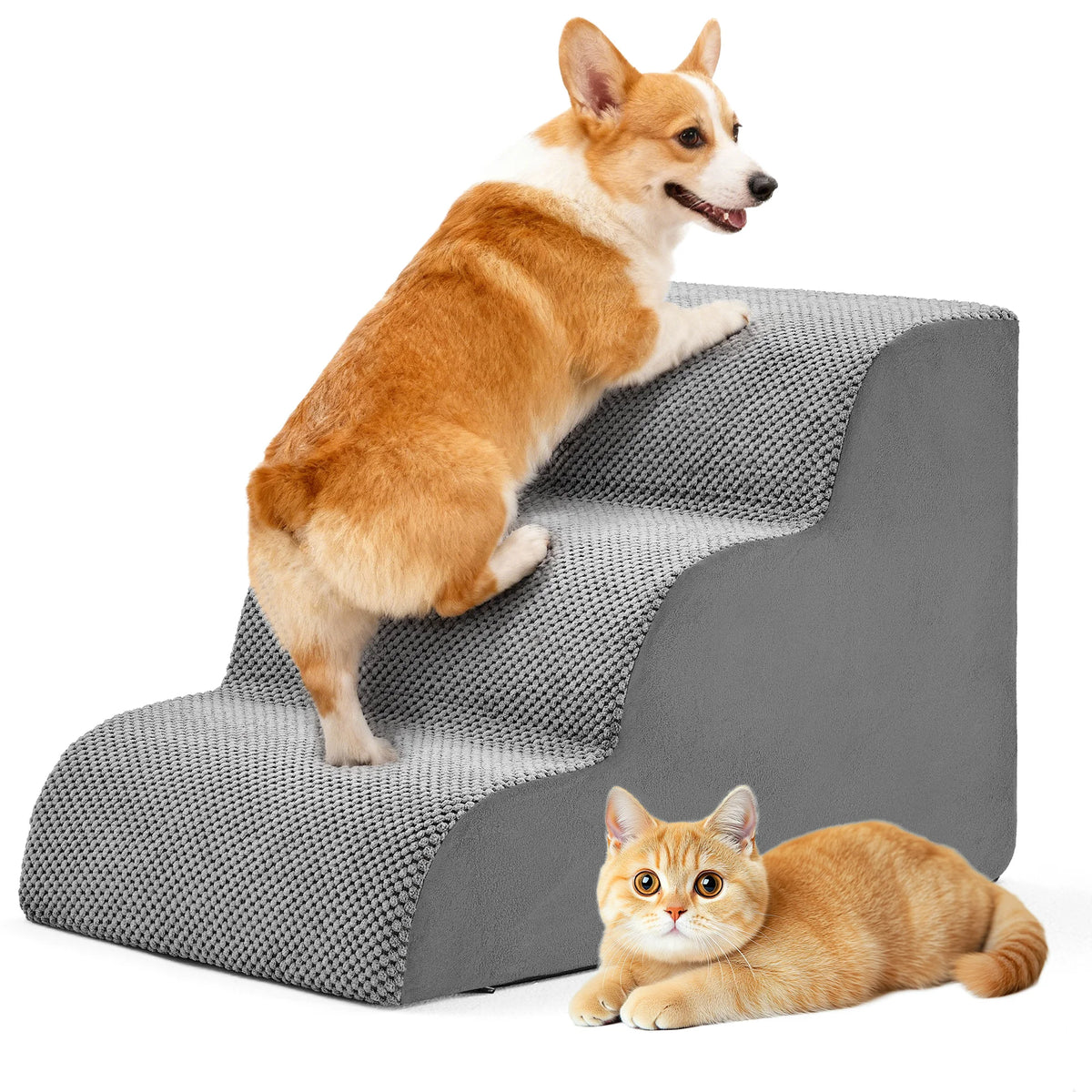 JHK 3-5 Step High-Density Foam Dog Stairs Ramp for Small Dogs Curved Pet Dog Steps Indoor Non-Slip Pet Ladder Ramp Stairs - Curl and Collar