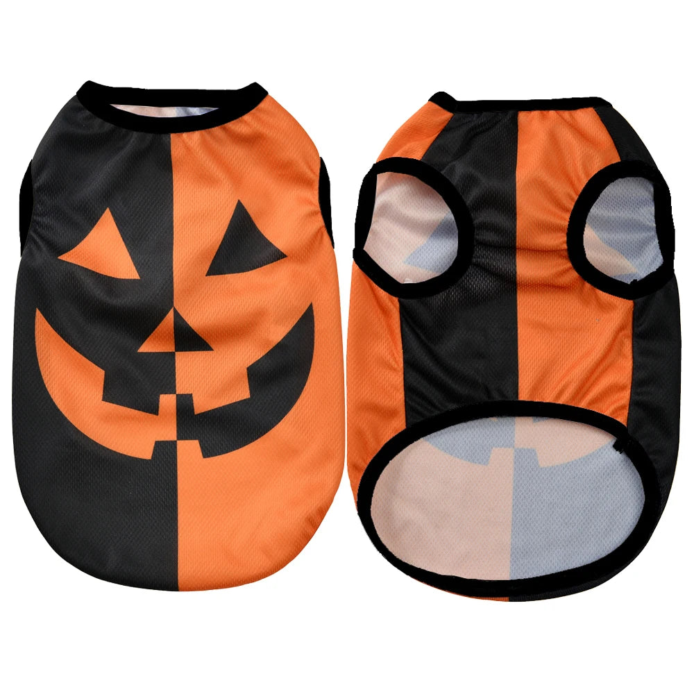 Halloween Pet Vest for Small Medium Dogs Cats Autumn Winter Costume Pumpkin Print Cosplay Outfit Chihuahua Pug French Bulldog - Curl and Collar