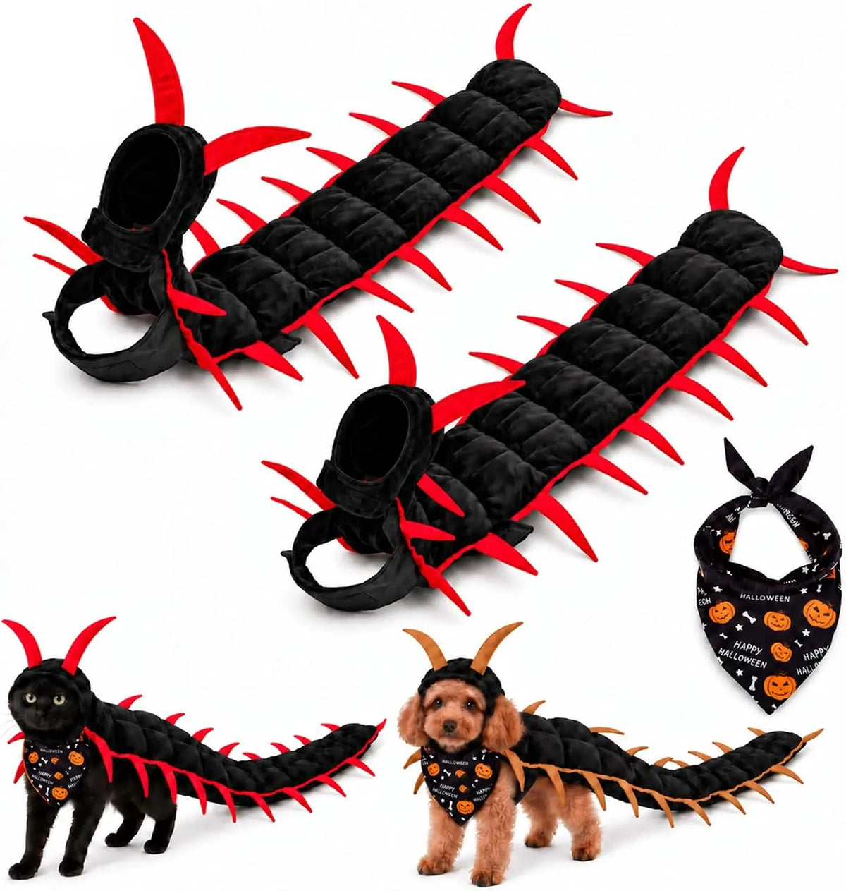 Halloween Centipede Pet Costumes for Cat & Dog 50'' 3D Cosplay Clothes,Halloween Themed Pet Wear Photo Prop for Outdoor - Curl and Collar