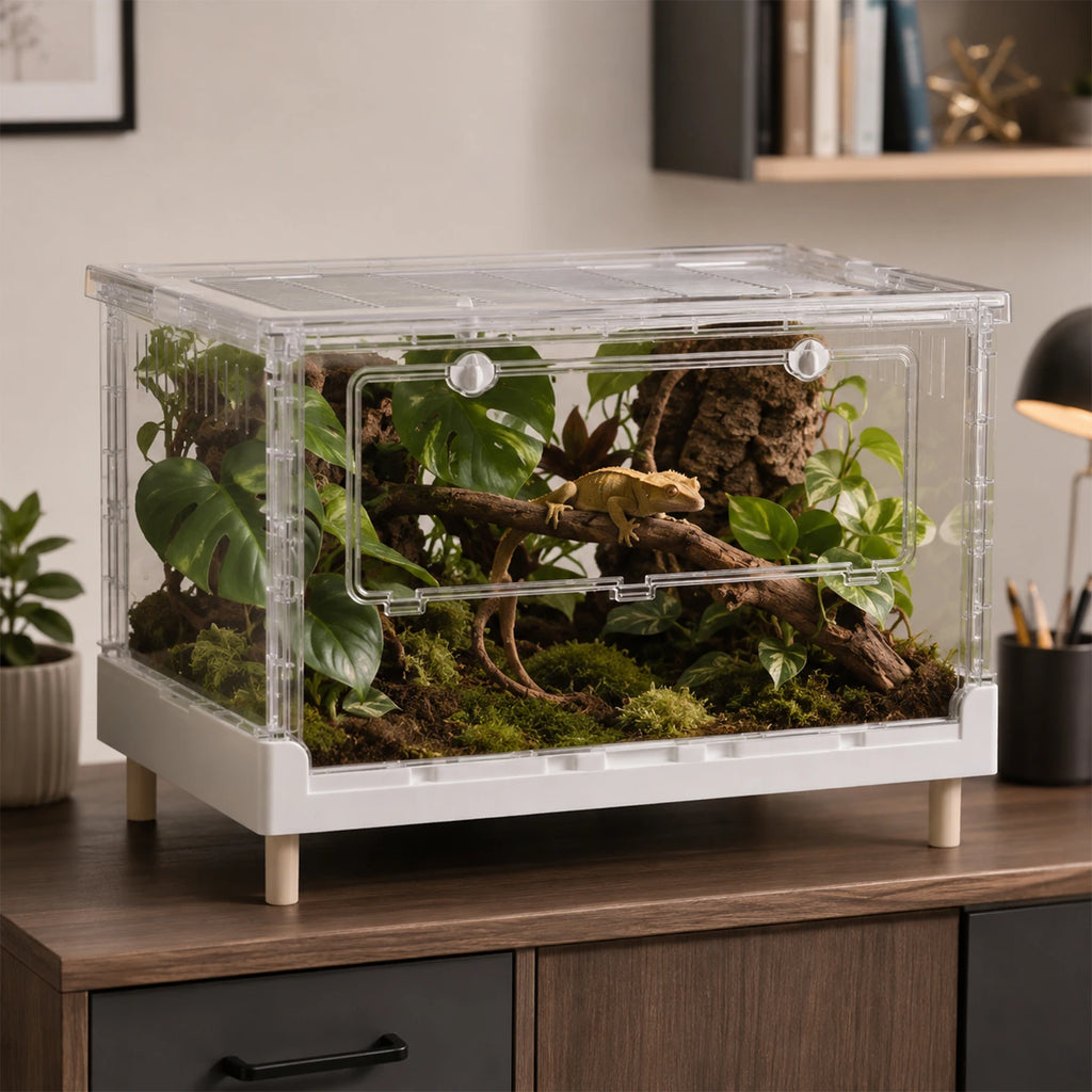 Foldable Acrylic Reptile Terrarium, Clear Ventilation Habitat Cage with Front Opening Door, Portable Collapsible Terrarium Box for Pets, Suitable for Frogs, Amphibians, Reptilians, Arachnids, Tortoises, Hamsters and Small Ani - Curl and Collar
