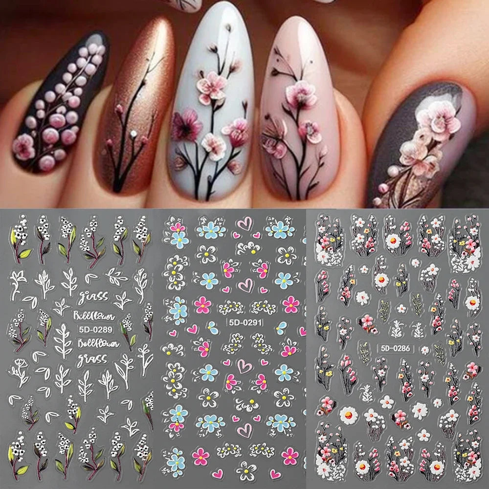 5D Pink Blue Floral Nail Art Stickers Petals Leaf Plant Embossed Nail Decals Spring Summer Flower Design for DIY Nail Supplies - Curl and Collar