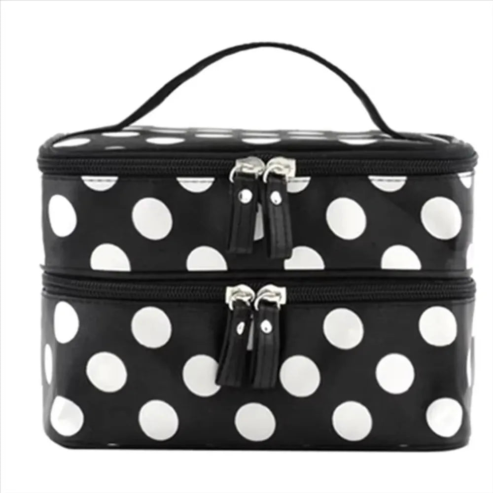 Fashion Double-layer Makeup Bag Polka Dots Portable Toiletry Bag Large Capacity Travel Makeup Case - Curl and Collar