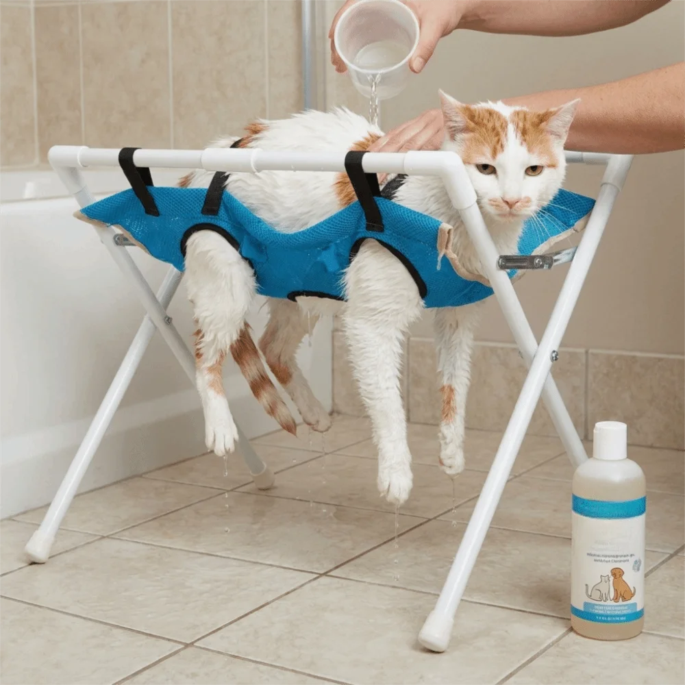 Folding Cat Bathing Rack Breathable Anti-Bite Pet Grooming Hammock Stable Structure Quick-Dry Mesh Pet Washing Station - Curl and Collar