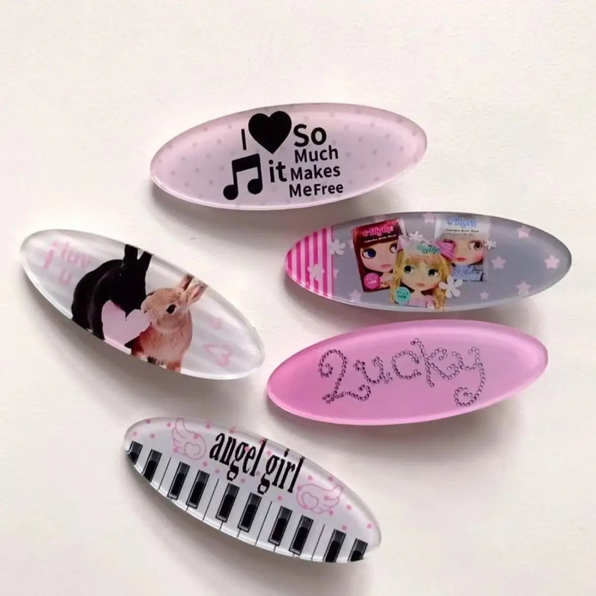 Y2K Rabbit Animal Hair Clip Set Cute Retro Style Oval Barrettes Bunny Music Doll & Piano Print Hairclips Jewelry - Curl and Collar