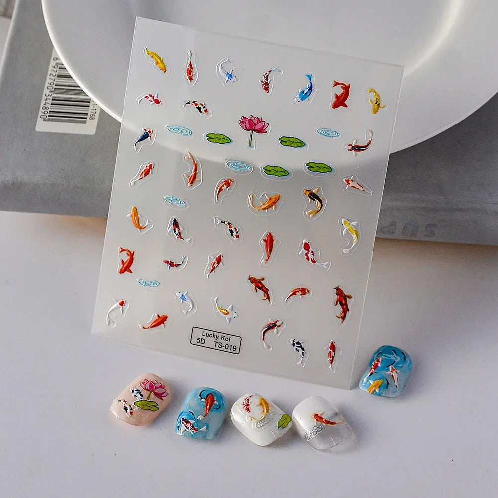5D Koi Carp Nail Sticker Green Lotus Kawaii Red Carp Nail Slider for Manicure Relief DIY Acrylic Nails Fish Accessories Decal - Curl and Collar