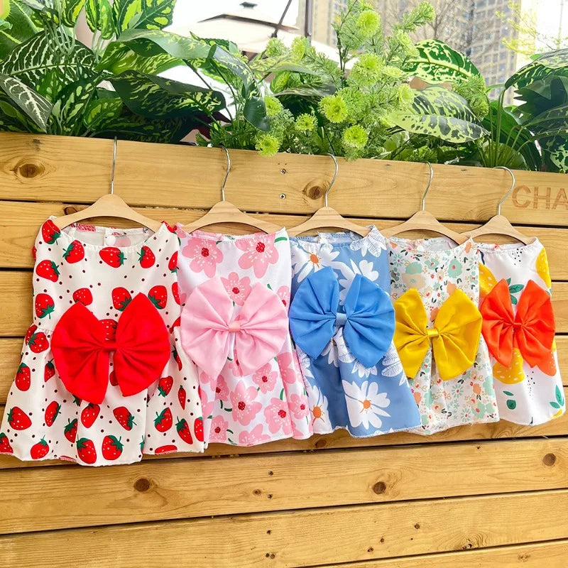 Puppy Summer Dress Dog Cat Princess Dress Pet Clothes for Small Medium Dogs Printed Bow Kitten Dog Skirt Yorkshire Teddy Apparel - Curl and Collar