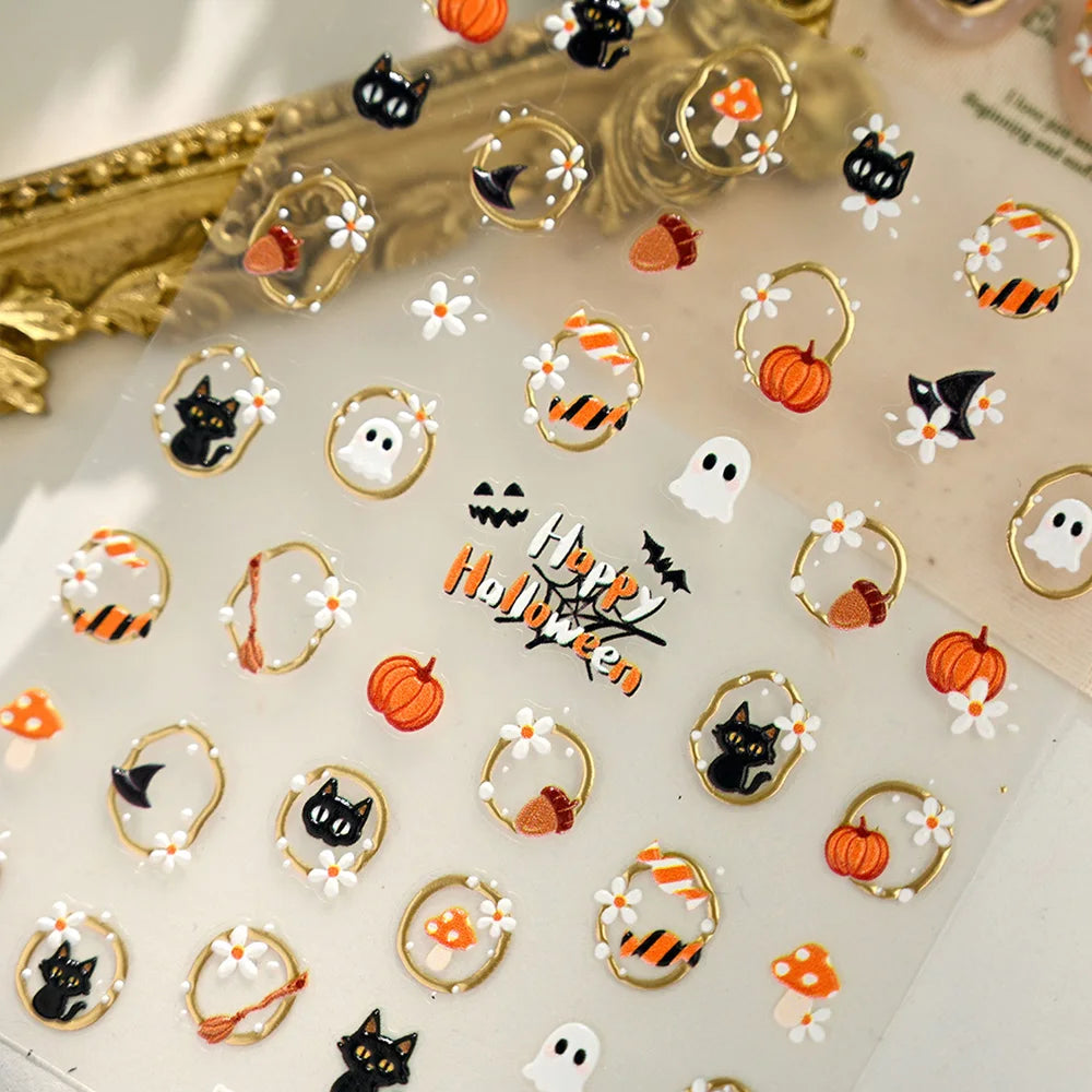 5D Embossed Halloween Nail Stickers Self‑Adhesive Nail Decals with Ghost Pumpkin Cat Mushroom Patterns Gold‑Trim Manicure Slider