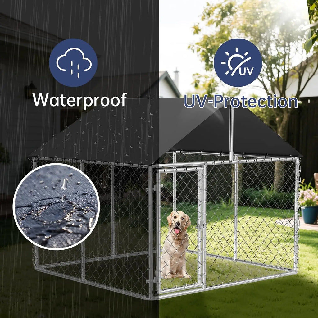 Outdoor Dog Enclosure Heavy Duty Dog Kennel House Mesh Dog Big Cage Pet Kennel Steel Fence with Secure Lock(6.56'x 6.56') - Curl and Collar