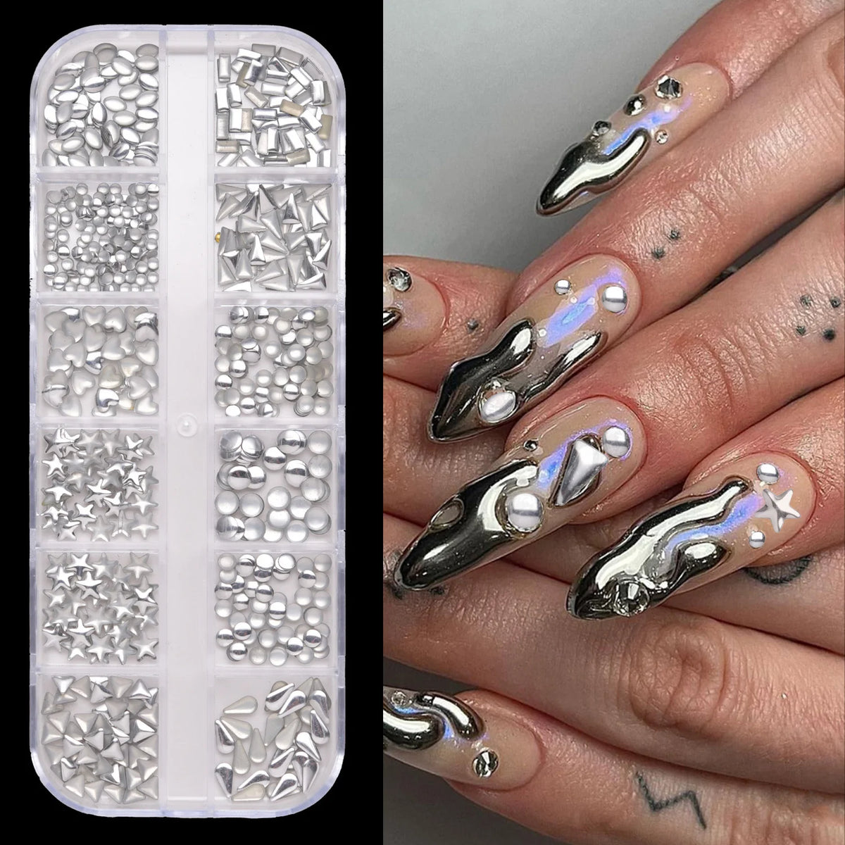 12-pack box of nail accessories: flat-bottom rhinestones, decorative nail embellishments, assorted small components, colorful nail stickers with rhinestones. - Curl and Collar