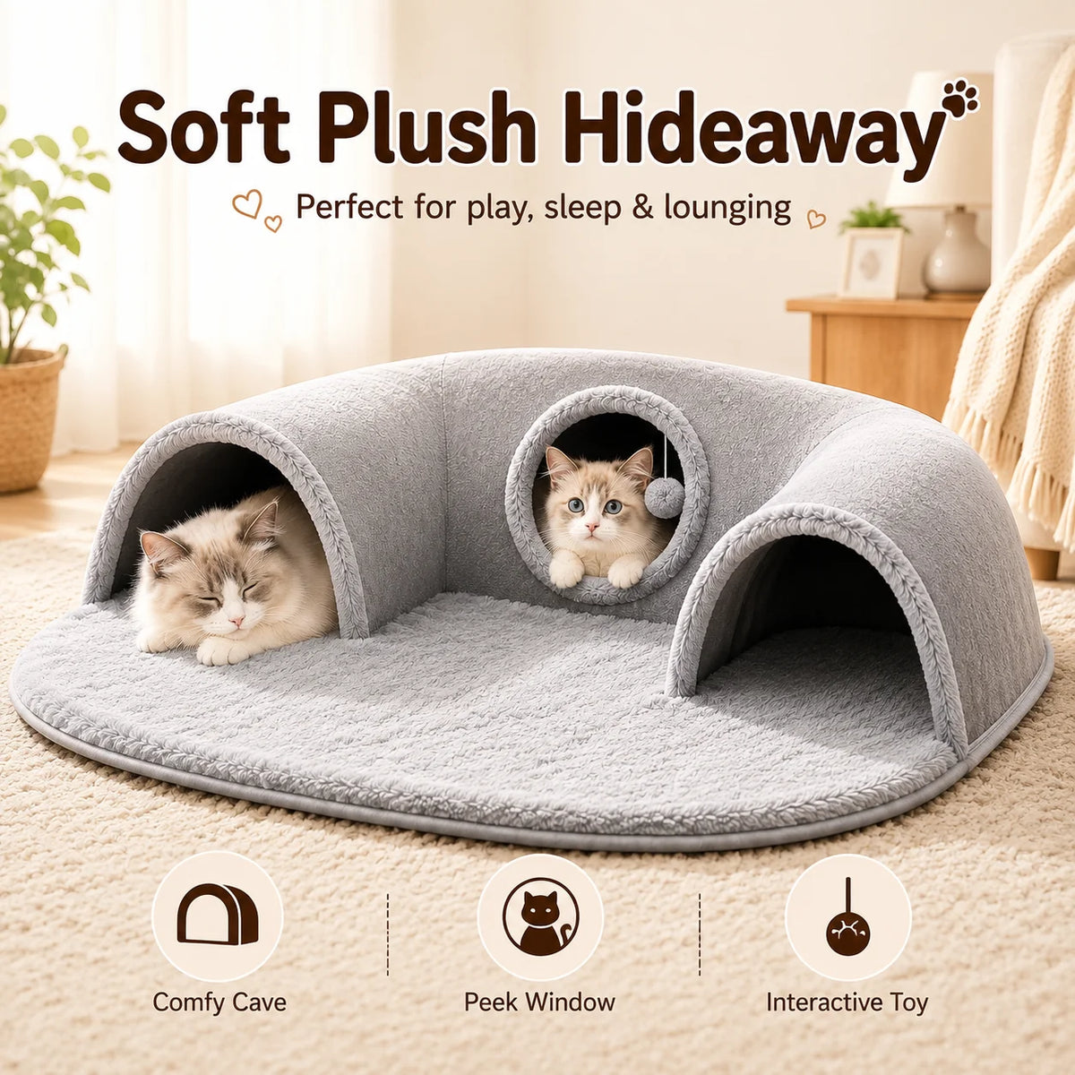 Multifunctional U-shaped Cat Tunnel Bed—A Detachable, Washable Plush Tunnel Bed That Combines Play and Rest; Suitable for Home, Indoor, and balcony Use. - Curl and Collar